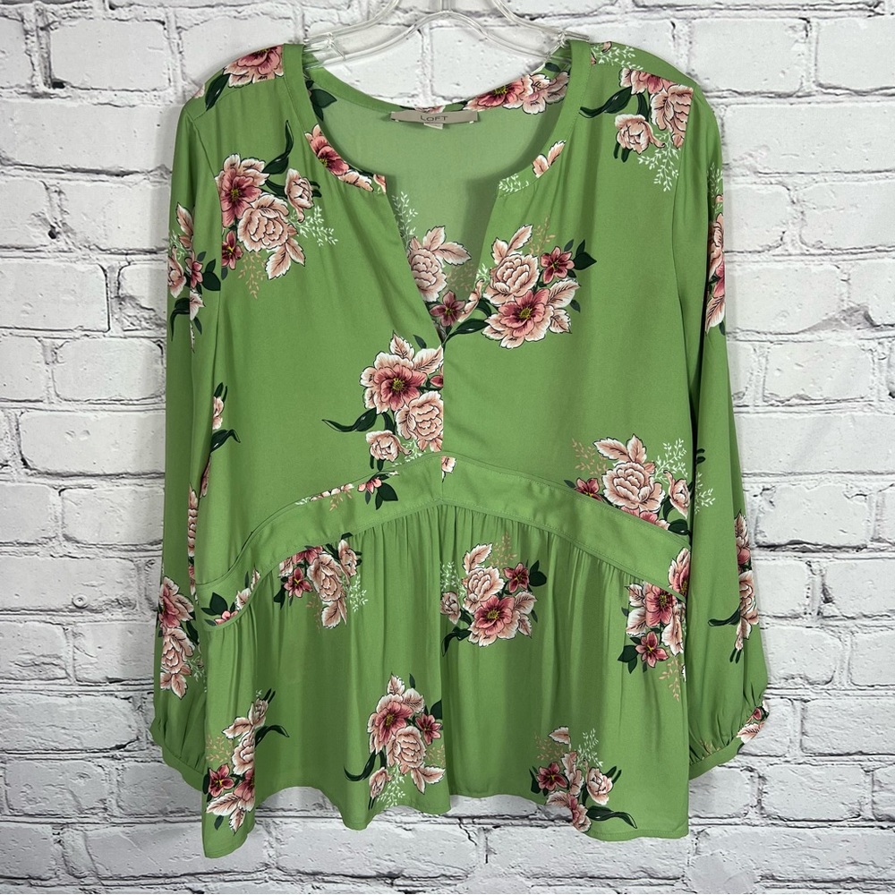 LOFT Green Floral Print Peplum Blouse with Mandarin Collar Size M (E4)